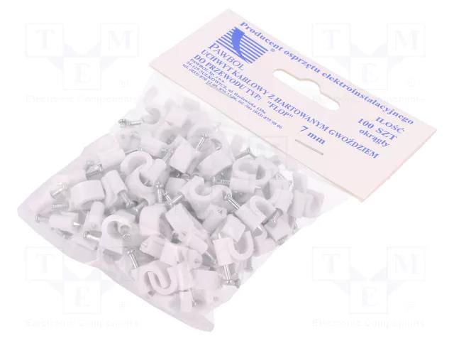 Holder; white; on round cable; 100pcs; with a nail; 7mm PAWBOL PW-H.7005A-100