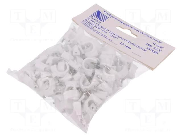 Holder; white; on round cable; 100pcs; with a nail; 12mm PAWBOL PW-H.7009A-100