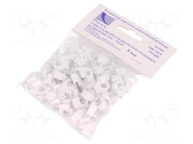 Holder; white; on round cable; 100pcs; with a nail; 8mm PAWBOL PW-H.7007A-100