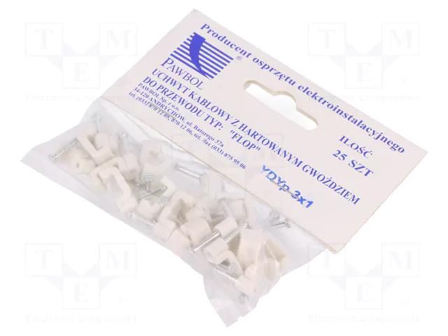 Holder; white; for flat cable,YDYp 3x1; 25pcs; with a nail PAWBOL PW-H.7011A-25