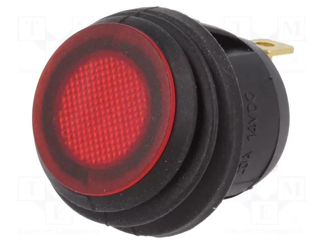 ROCKER; SPST; Pos: 2; ON-OFF; 20A/14VDC; red; IP65; LED; R13-112-DC SCI R13-112B8-02-BBR