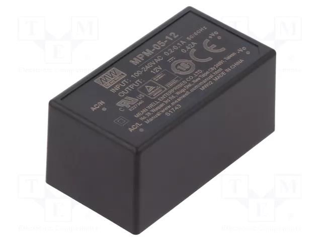 Converter: AC/DC; 5W; Uin: 80÷264VAC; 12VDC; Iout: 420mA; OUT: 1; 80% MEAN WELL MPM-05-12