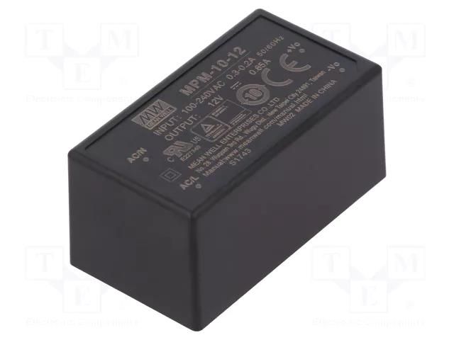 Converter: AC/DC; 10W; Uin: 80÷264VAC; 12VDC; Iout: 850mA; OUT: 1; 83% MEAN WELL MPM-10-12