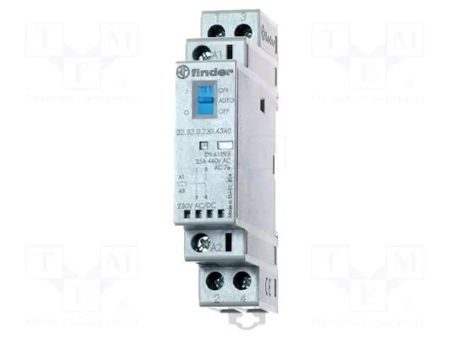 Contactor: 2-pole installation; 25A; 24VAC,24VDC; NC + NO; IP20 FINDER 22.32.0.024.4540