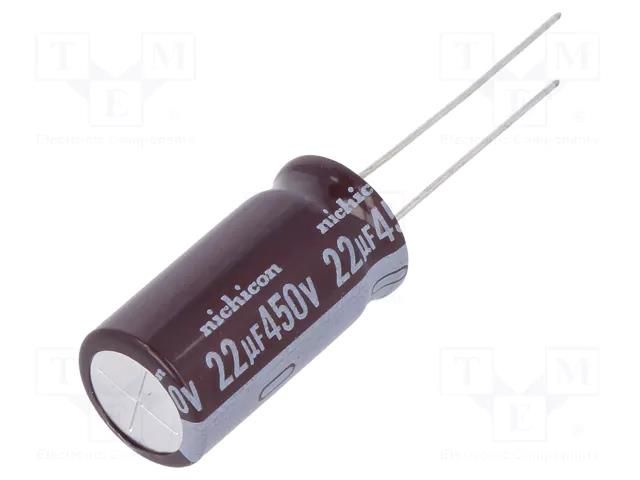 Capacitor: electrolytic; THT; 22uF; 450VDC; Ø12.5x25mm; Pitch: 5mm NICHICON ULD2W220MHD