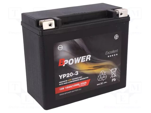 Re-battery: acid-lead; 12V; 18Ah; AGM; maintenance-free,right + BPOWER ACCU-YP20-3/BP