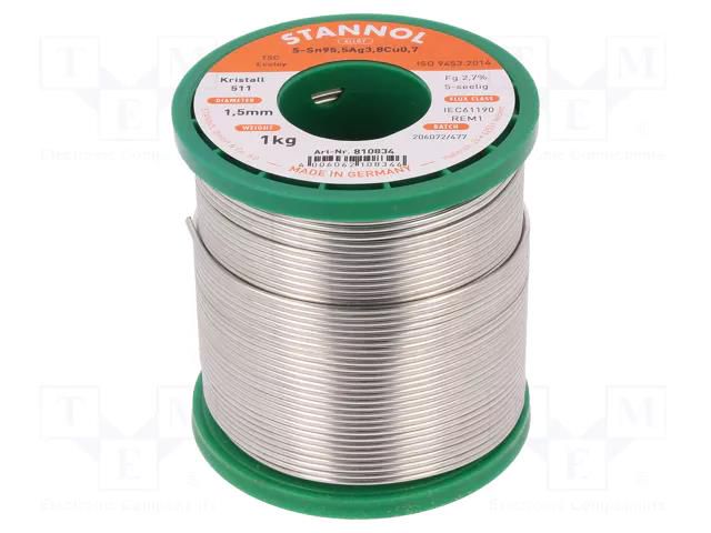 Tin; lead free; Sn95,5Ag3,8Cu0,7; 1.5mm; 1kg; reel; 217°C STANNOL SN955K511/1.5/1.0