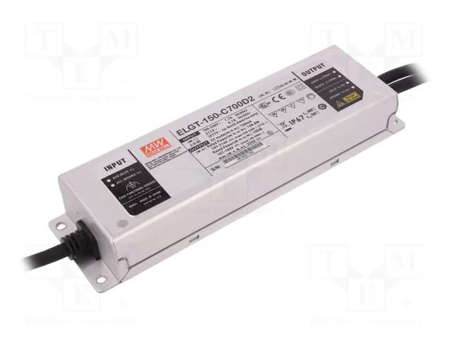 Power supply: switching; LED; 149.8W; 107÷214VDC; 700mA; IP67; ELGT MEAN WELL ELGT-150-C700D2