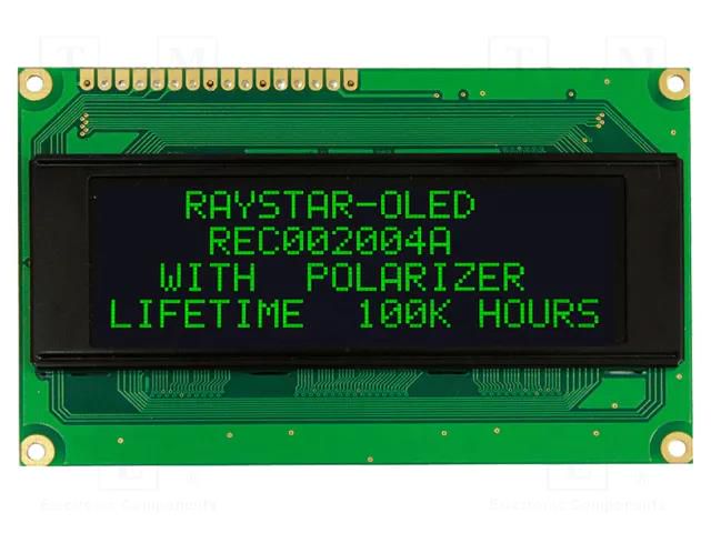 Display: OLED; alphanumeric; 20x4; Dim: 98x60x10mm; green; PIN: 16 RAYSTAR OPTRONICS REC002004AGPP5N01