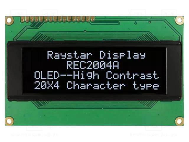 Display: OLED; alphanumeric; 20x4; Dim: 98x60x10mm; white; PIN: 16 RAYSTAR OPTRONICS REC002004AWPP5N001