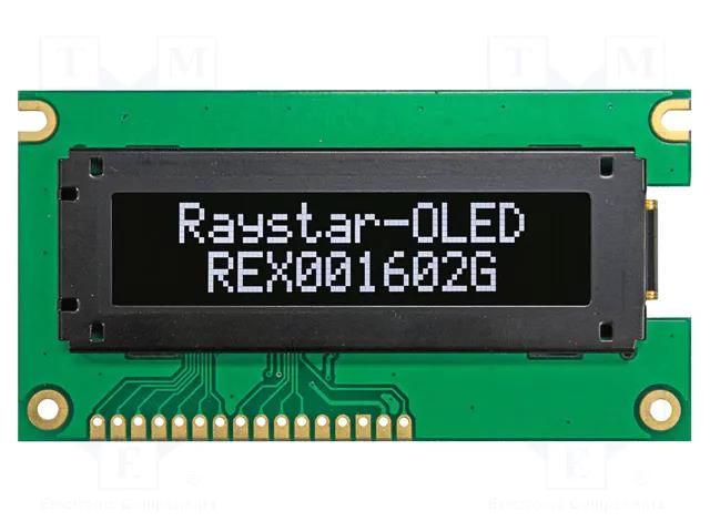 Display: OLED; alphanumeric; 16x2; Dim: 84x44x9.67mm; white; PIN: 16 RAYSTAR OPTRONICS REX001602GWPP5N0