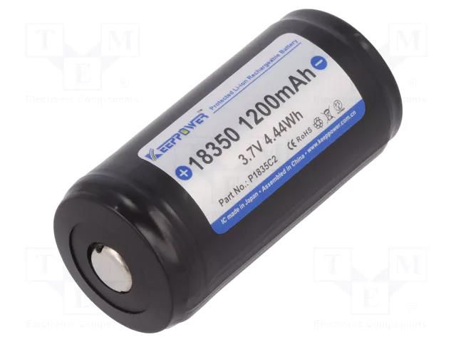 Re-battery: Li-Ion; 18350; 3.7V; 1100mAh; Ø18.6x39mm; 8A KEEPPOWER ACCU-IMR18350/PCB