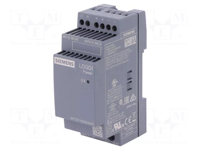 Power supply: switching; for DIN rail; 31.2W; 24VDC; 1.3A; IP20 SIEMENS 6EP3331-6SB00-0AY0