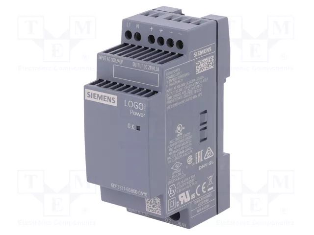 Power supply: switching; for DIN rail; 31.2W; 24VDC; 1.3A; IP20 SIEMENS 6EP3331-6SB00-0AY0
