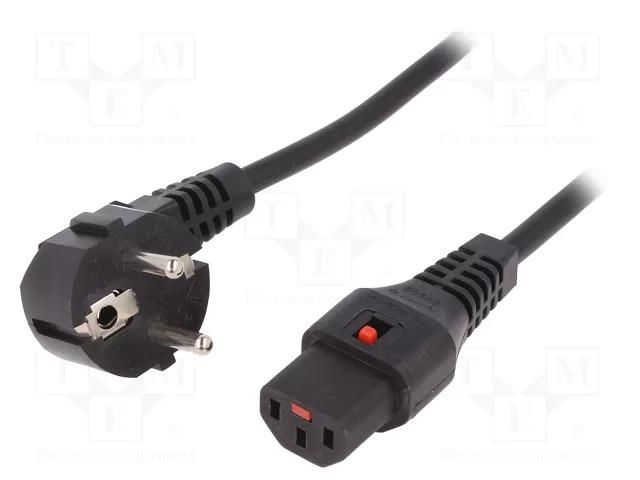 Cable; CEE 7/7 (E/F) plug angled,IEC C13 female; PVC; 3m; black IEC LOCK IEC-EL234S