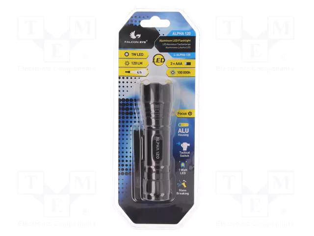 Torch: LED; 120lm; Ø35x120mm; black; 1W MACTRONIC ALPHA-120