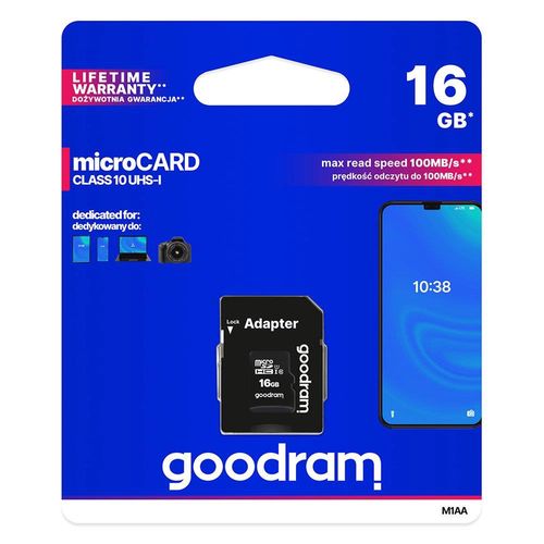 Goodram Microcard 16 GB micro SD HC UHS-I class 10 memory card, SD adapter (M1AA-0160R12), Goodram 5908267930137 5908267930137