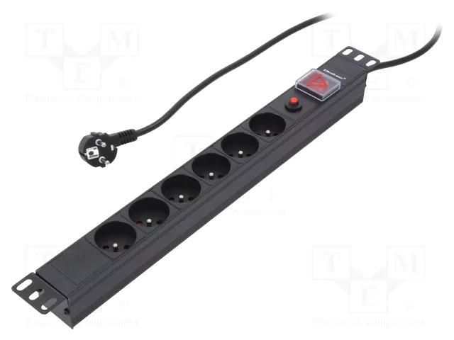 Plug socket strip: protective; Sockets: 6; 250VAC; 16A; black QOLTEC QS-53995