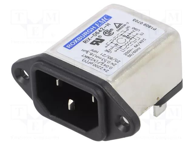 Connector: AC supply; socket; male; Inom: 6A; Ir: 0.35mA; 250VAC ROXBURGH EMC RIX0642H
