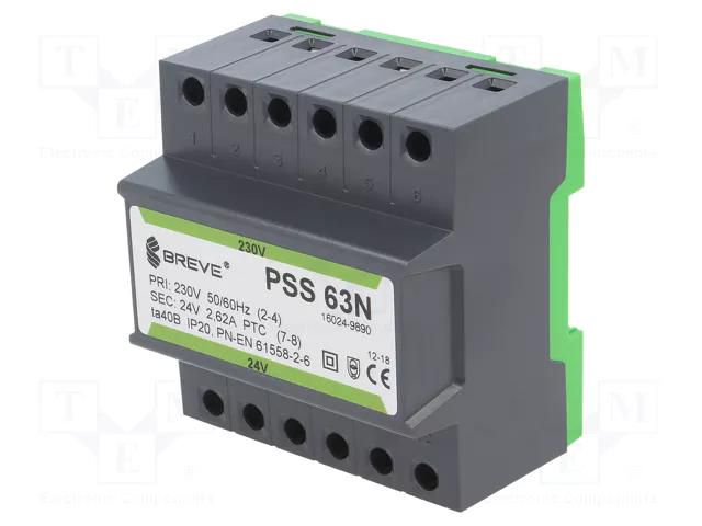 Transformer: mains; 63VA; 230VAC; 24V; Leads: terminal block; IP30 BREVE TUFVASSONS PSS63N/230/24V