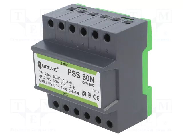 Transformer: mains; 80VA; 230VAC; 24V; Leads: terminal block; IP30 BREVE TUFVASSONS PSS80N/230/24V