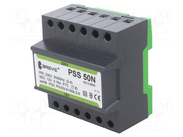 Transformer: mains; 50VA; 230VAC; 12V; Leads: terminal block; IP30 BREVE TUFVASSONS PSS50N/230/12V