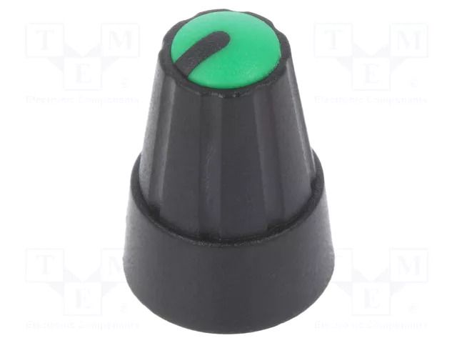 Knob; miniature; plastic; Øshaft: 6mm; Ø13x19mm; black; green SR PASSIVES GTC6M-13X19-355C