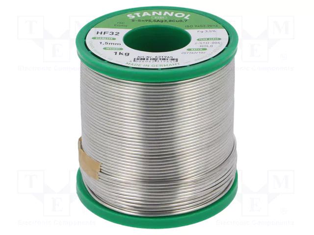 Tin; lead free; Sn95,5Ag3,8Cu0,7; 1.5mm; 1kg; reel; 217°C; HF32 STANNOL SN955HF32/1.5/1.0