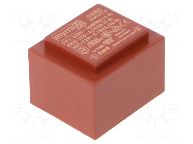 Transformer: encapsulated; 1.5VA; 230VAC; 12V; 12V; 63mA; 63mA; PCB MYRRA MYRRA-44093