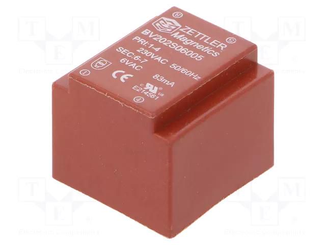 Transformer: encapsulated; 0.5VA; 230VAC; 6.3V; 83.3mA; PCB ZETTLER BV202S06005ZU