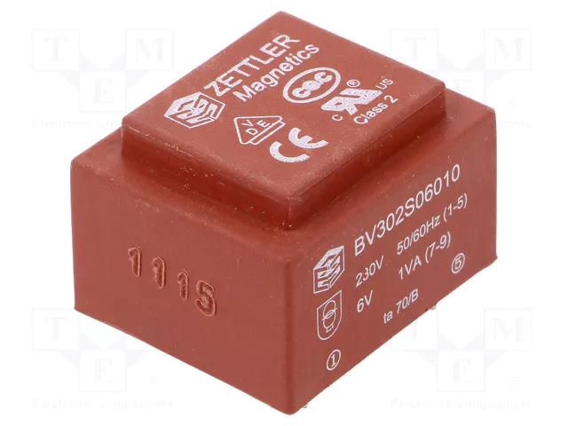 Transformer: encapsulated; 1VA; 230VAC; 6V; 166mA; PCB ZETTLER BV302S06010ZU
