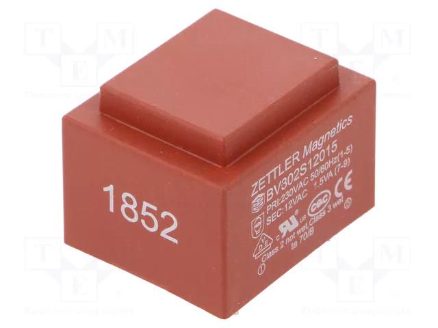 Transformer: encapsulated; 1.5VA; 230VAC; 12V; 125mA; PCB ZETTLER BV302S12015ZU