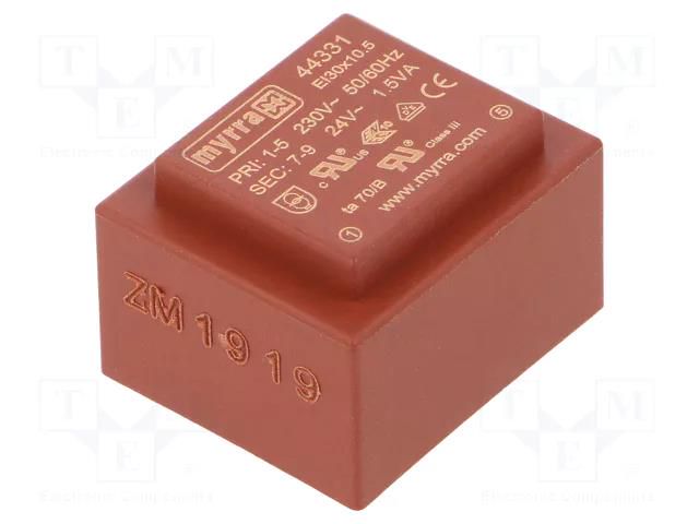 Transformer: encapsulated; 1.5VA; 230VAC; 24V; 63mA; PCB MYRRA MYRRA-44331