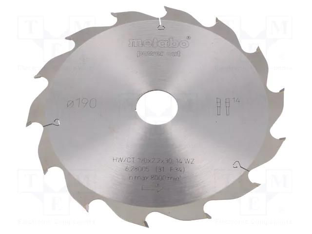 Circular saw; Ø: 190mm; Øhole: 30mm; Teeth: 14; Disc thick: 2.2mm METABO MTB.628005