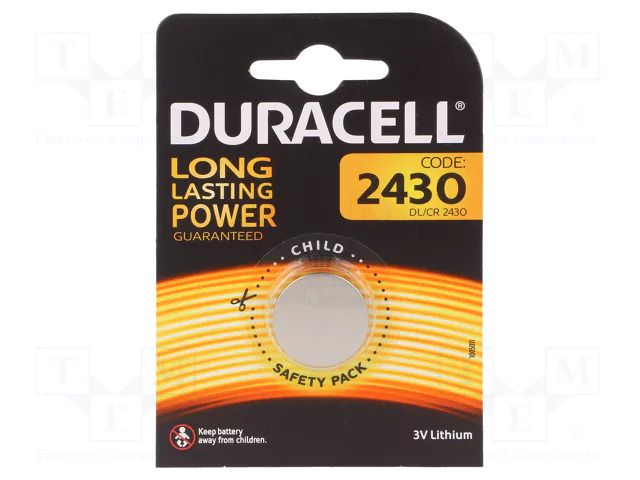Battery: lithium; CR2430,coin; 3V; non-rechargeable; Ø24x3mm DURACELL BAT-CR2430/DR-B1