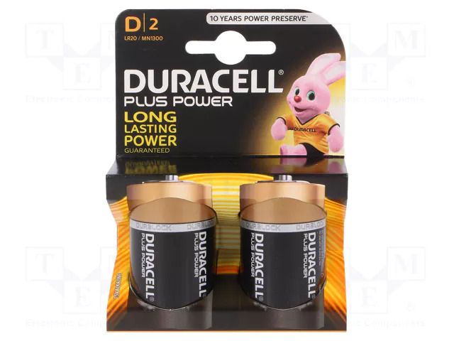 Battery: alkaline; D; 1.5V; non-rechargeable; 2pcs; Plus DURACELL BAT-LR20/DR-PLUSB2
