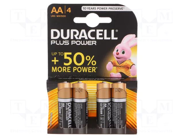 Battery: alkaline; AA; 1.5V; non-rechargeable; 4pcs; Plus DURACELL BAT-LR6/DR-PLUS-B4