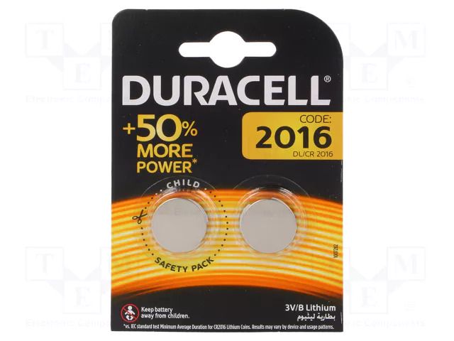 Battery: lithium; CR2016,coin; 3V; non-rechargeable; Ø20x1.6mm DURACELL BAT-CR2016/DR-B2