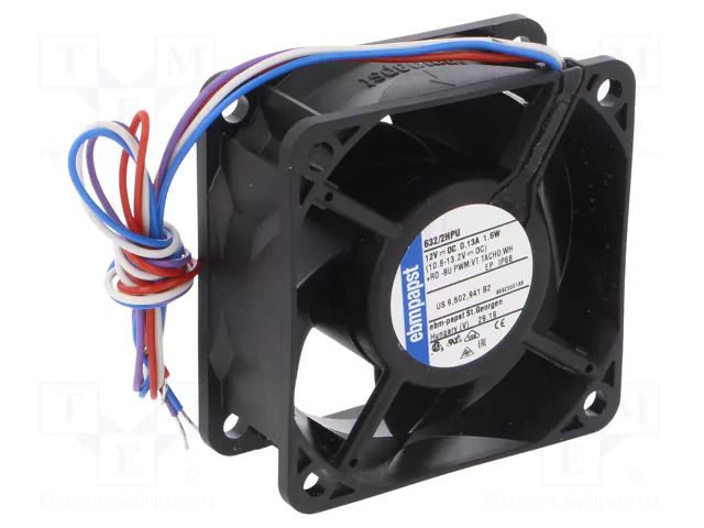 Fan: DC; axial; 12VDC; 60x60x25mm; 43.5m3/h; 35dBA; ball; 6300rpm EBM-PAPST 632/2HPU