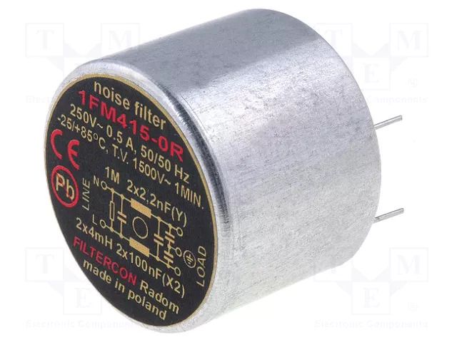 Filter: anti-interference; 250VAC; Cx: 100nF; Cy: 2.2nF; 4mH; THT FILTERCON 1FM415-0R