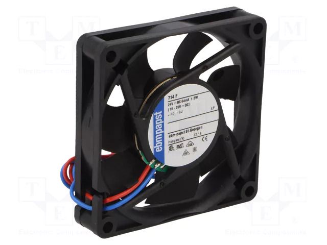 Fan: DC; axial; 12VDC; 70x70x15mm; 44m3/h; 38dBA; slide; 5300rpm EBM-PAPST 712F