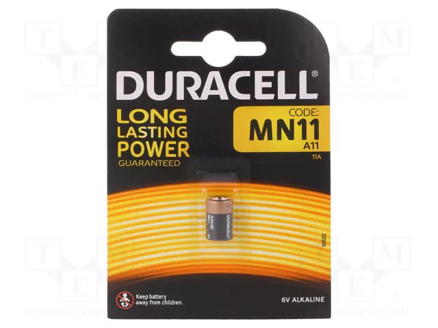 Battery: alkaline; A11; 6V; non-rechargeable; Ø10x16.5mm; 1pcs. DURACELL BAT-MN11/DR-1-B1