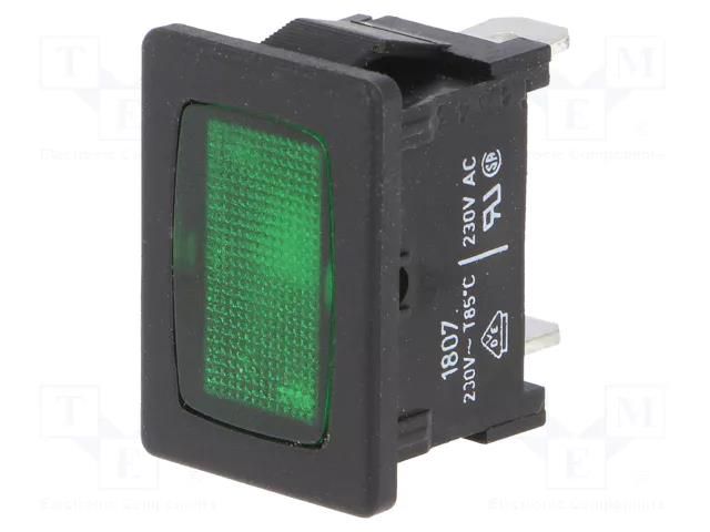 Indicator: with neon lamp; flat; green; 230VAC; snap-fastener Marquardt 1807.1108