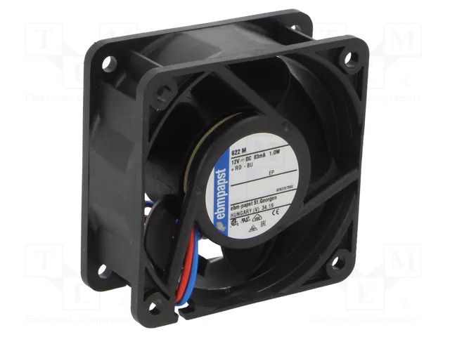 Fan: DC; axial; 12VDC; 60x60x25mm; 29m3/h; 29dBA; ball; 4550rpm EBM-PAPST 622M