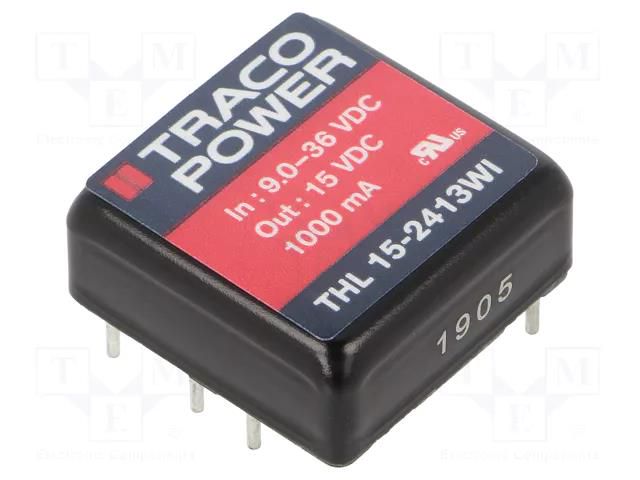 Converter: DC/DC; 15W; Uin: 9÷36VDC; Uout: 15VDC; Iout: 1000mA; 1"x1" TRACO POWER THL15-2413WI