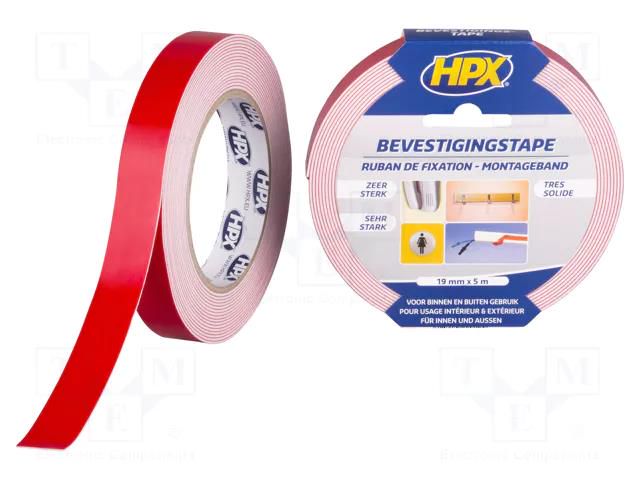 Tape: fixing; W: 19mm; L: 5m; Thk: 1.1mm; double-sided; acrylic; white HPX HPX-MDSM-1905WH