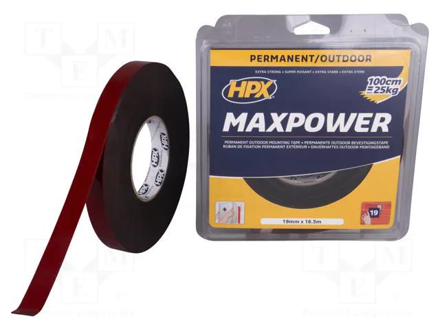 Tape: fixing; W: 19mm; L: 16.5m; Thk: 1.1mm; double-sided; acrylic HPX HPX-MDSO-1916.5BK