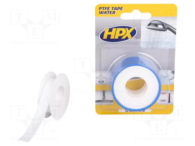 Tape: sealing; W: 12mm; L: 12m; Thk: 0.08mm; white; PTFE; max.370°C HPX HPX-PTFEW-1212WH/2