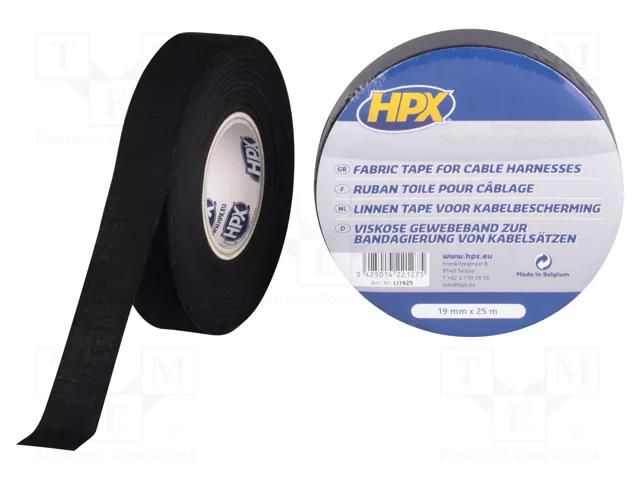 Tape: textile; W: 19mm; L: 25m; Thk: 0.25mm; caoutchouc; black; 8% HPX HPX-TEXLI1925BK