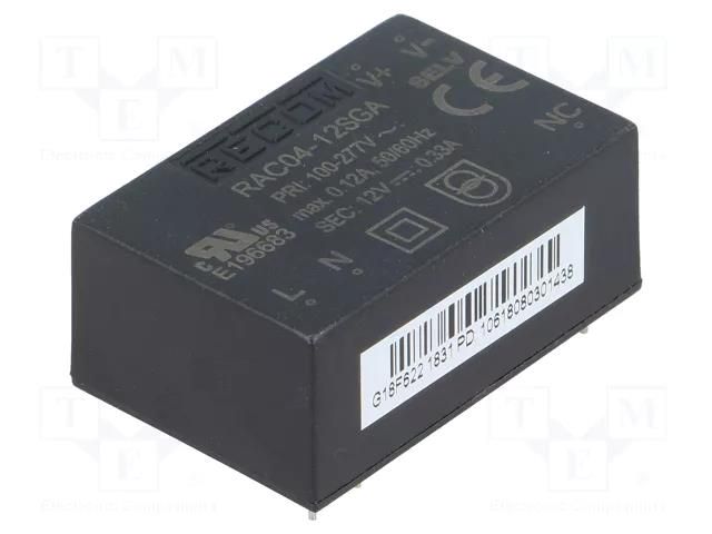 Converter: AC/DC; 4W; Uin: 85÷305VAC,120÷430VDC; Uout: 12VDC; 78% RECOM RAC04-12SGA